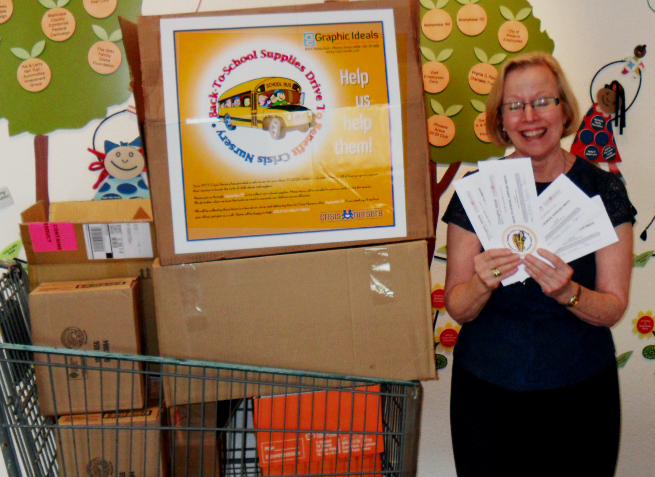 Alice Maro, Owner of our local Phoenix printing company, Graphic Ideals, proudly delivered our school supply donations to the Phoenix Crisis Nursery