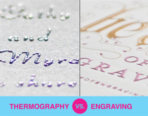 Close-up comparison images of Thermography vs Engraving Printing Qualities & Textured Printing Techniques