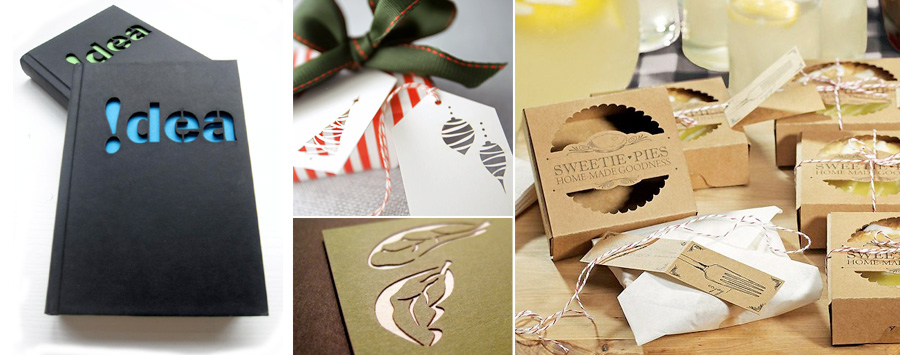 examples of laser-cutting used in book covers, greeting cards, invitations, and packaging