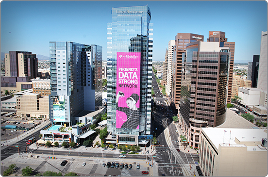 Large format printing for wall art building wrap for T-Mobile on Alliance Bank in downtown Phoenix Arizona